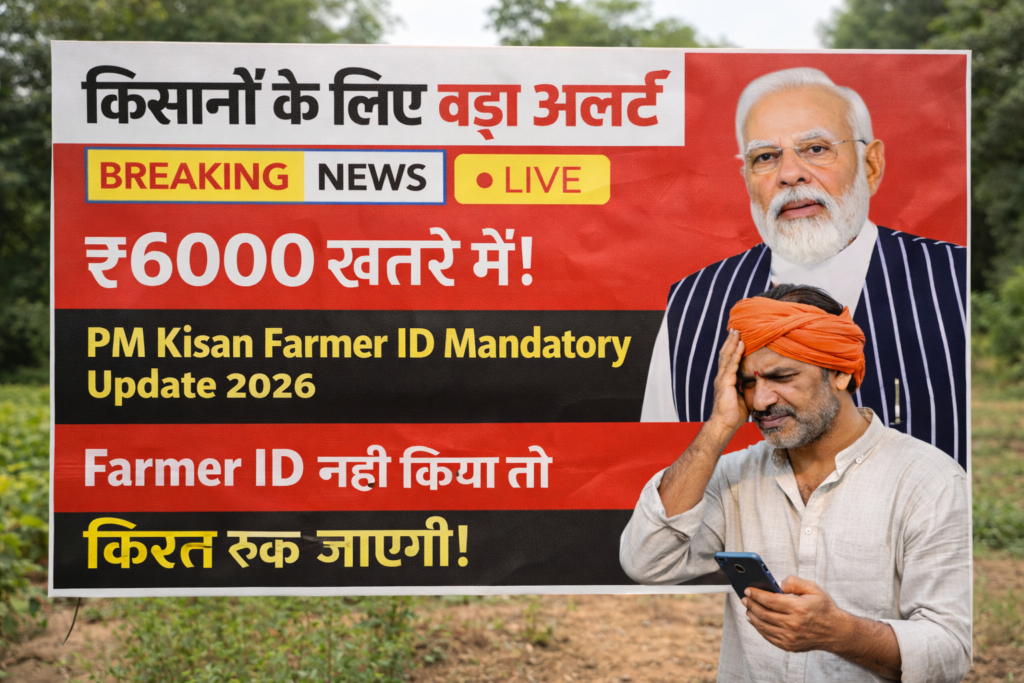 PM Kisan Farmer ID Mandatory Update 2026 किसानों के लिए बड़ा अलर्ट ₹6000 खतरे में ब्रेकिंग न्यूज़ पोस्टर