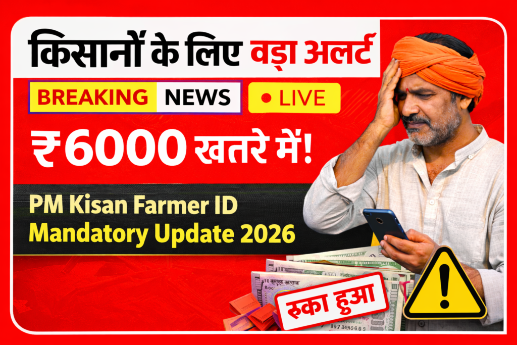 PM Kisan Yojana किसान आईडी जरूरी अपडेट 2026 पैसा रुक सकता है किसान मोबाइल देखते हुए चेतावनी न्यूज़ बैनर