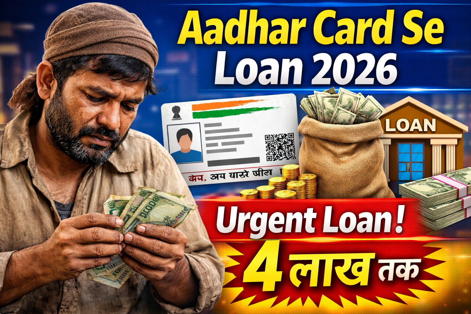 Aadhar Card Se Loan 2026 के तहत 4 लाख तक लोन पाने की जानकारी दिखाता हुआ थंबनेल जिसमें आधार कार्ड, पैसे और लोन का प्रतीक दिख रहा है