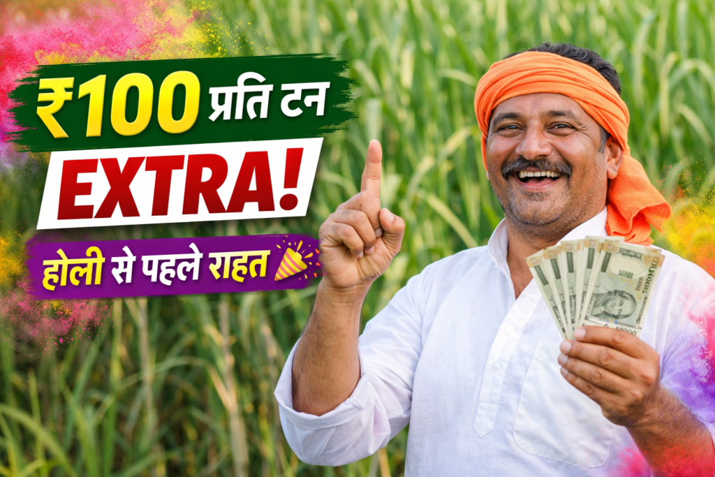100 रुपये प्रति टन अतिरिक्त भुगतान की खुशखबरी, गन्ना किसान के हाथ में पैसे और होली से पहले राहत दर्शाता थंबनेल