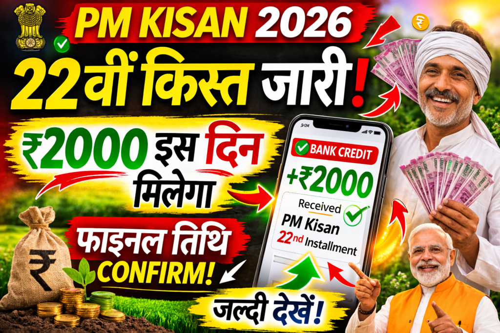 PM Kisan 22nd Installment Date 2026 thumbnail showing 22वीं किस्त जारी, ₹2000 बैंक क्रेडिट मैसेज, खुश किसान और फाइनल तिथि अपडेट ग्राफिक
