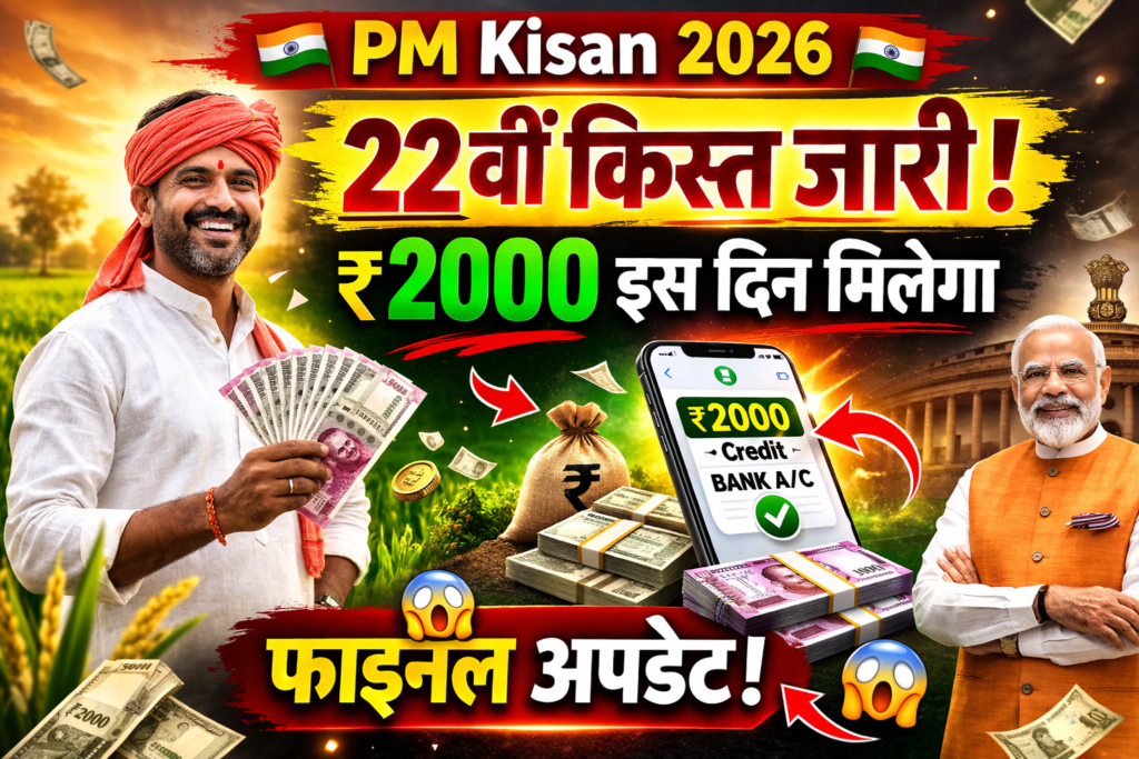 PM Kisan 22nd Installment 2026 news thumbnail with ₹2000 credit alert on mobile screen, किसान पैसे दिखाते हुए और फाइनल अपडेट हाइलाइट